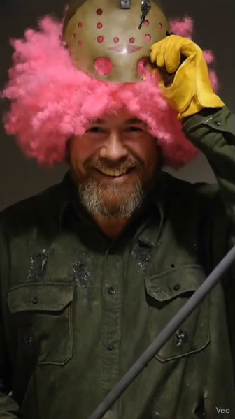 BOB ROSS DRESSED LIKE JASON, THEN A FUNNY WIG APPEARS, A VIDEO MADE WITH MICROSOFT COPILOT AND VEO 